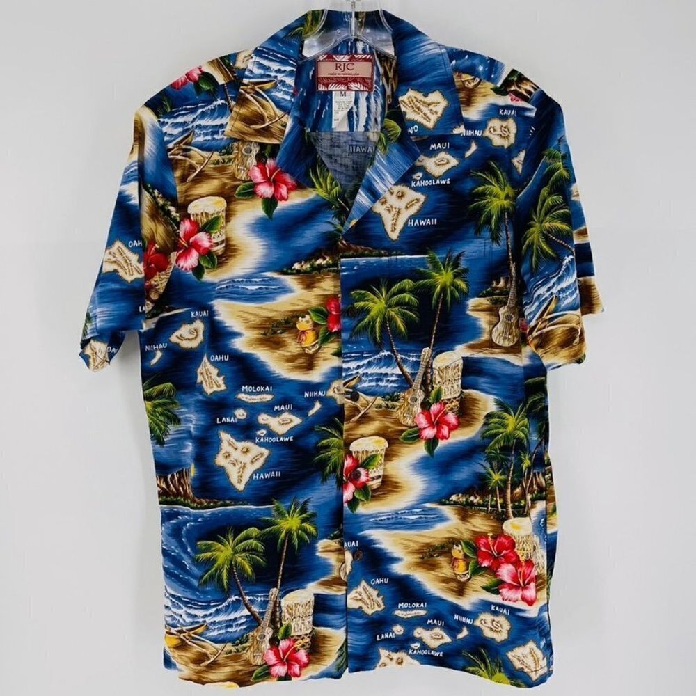 RJC Made in Hawaii Mens Sz M Blue Vtg Hawaiian Map Casual Button Front S…
